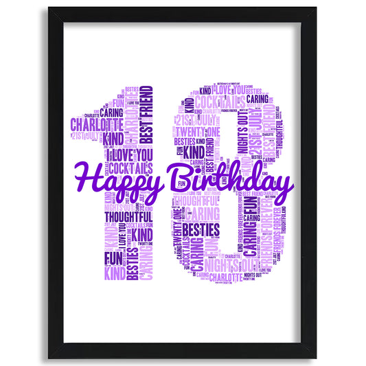 Personalised Number Word Cloud - Happy Birthday - Purple